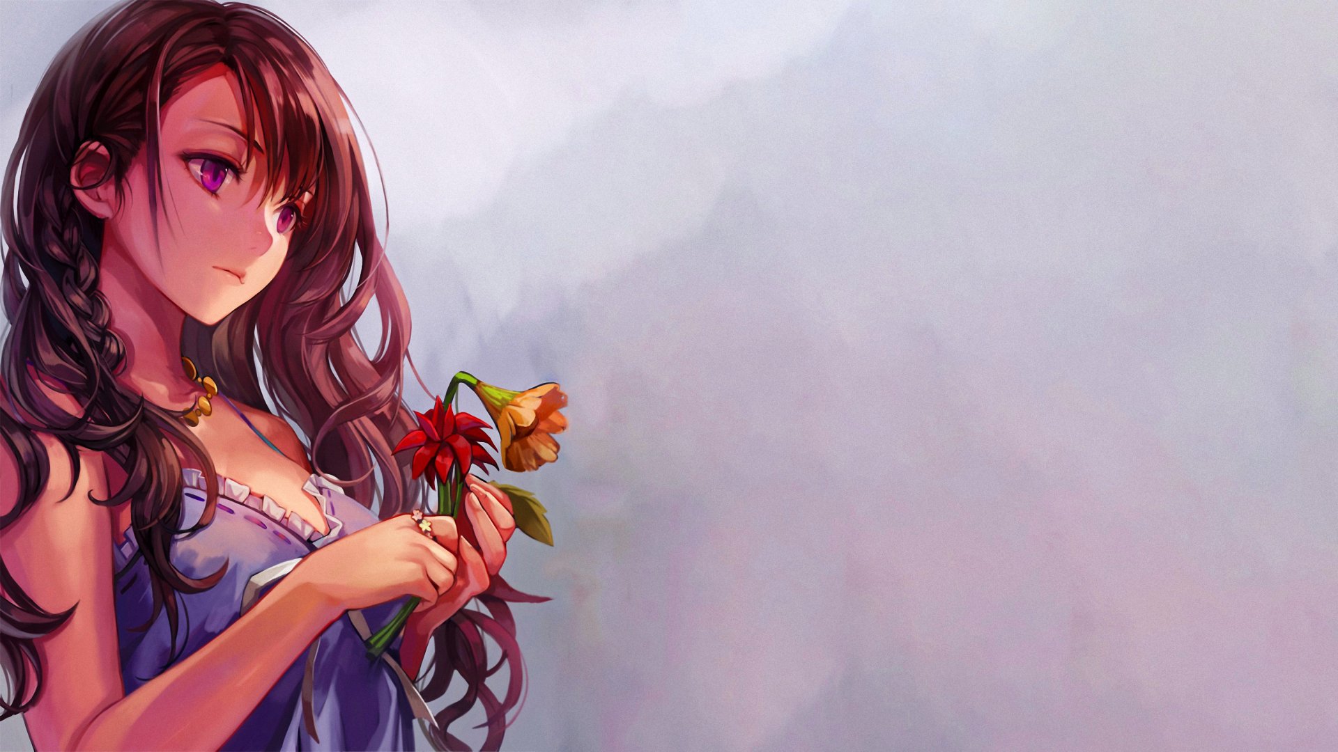 HD desktop wallpaper featuring an anime girl with long dark hair holding flowers against a soft pastel background.