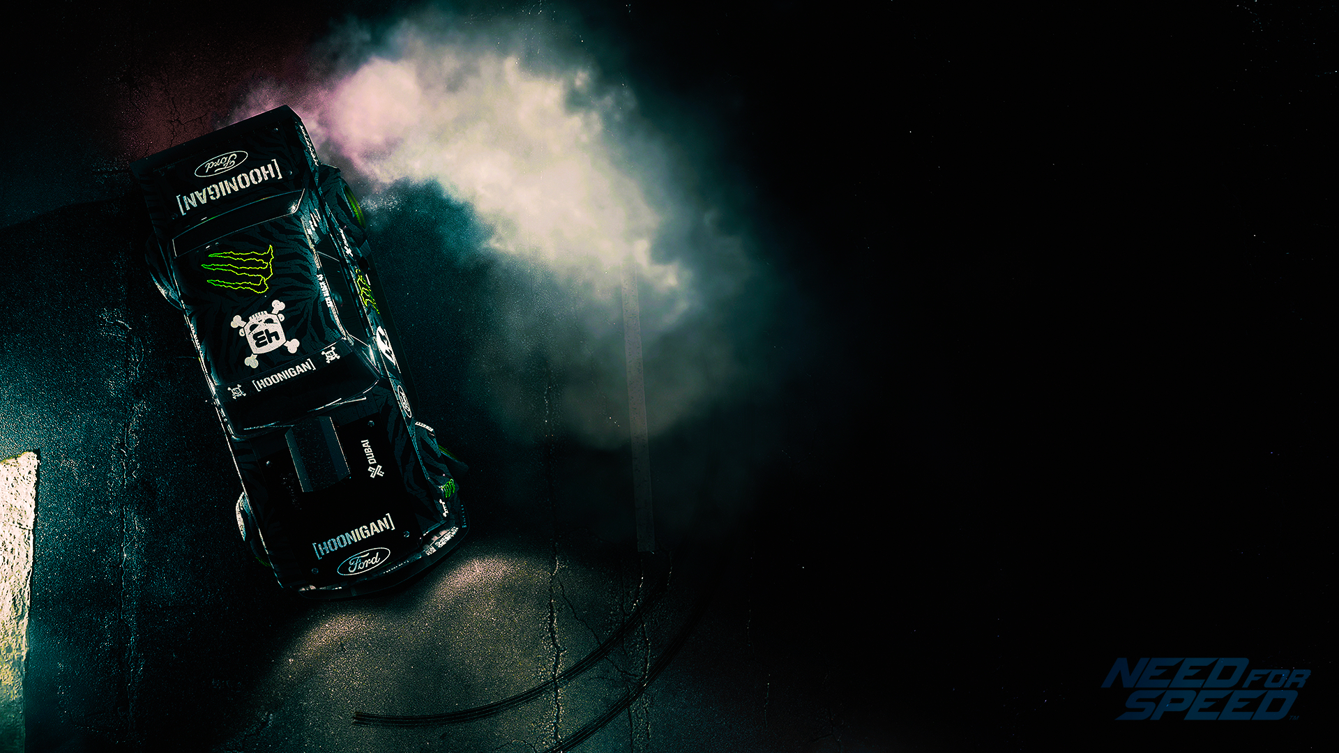 HD PC desktop wallpaper featuring a drifting car from the video game Need For Speed (2015) with smoke and dark contrasting background.