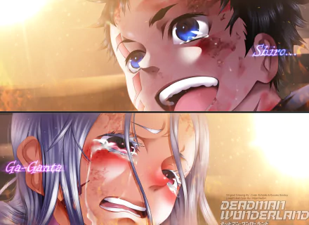 An HD desktop wallpaper featuring Ganta Igarashi and Shiro from the anime Deadman Wonderland, showcasing dynamic expressions and intense emotions in a striking background.