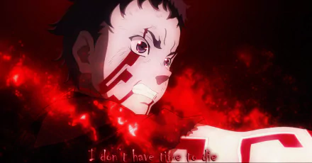 Ganta Igarashi from the anime Deadman Wonderland, surrounded by a striking red aura, expresses determination with the phrase I don't have time to die, creating a dramatic desktop background.