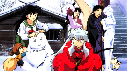 HD desktop wallpaper featuring characters from the anime InuYasha. The group is enjoying a winter day, building a snowman in front of a cozy cabin.