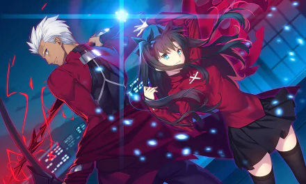 A dynamic HD wallpaper featuring Rin Tohsaka and Archer from Fate/Stay Night: Unlimited Blade Works, set against a vibrant night cityscape.