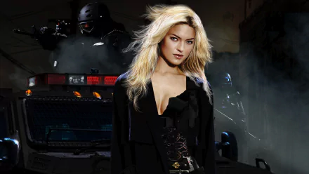 Martha Hunt stands confidently in front of a tactical vehicle and armed SWAT officers in this 4K Ultra HD desktop wallpaper inspired by the movie S.W.A.T. 2.