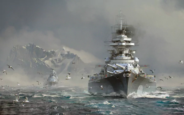 A stunning HD wallpaper from the video game World of Warships, showcasing powerful battleships navigating through turbulent waters under a dramatic sky.