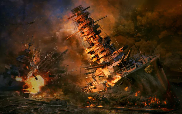 HD wallpaper featuring a dramatic scene from the video game World of Warships, showcasing intense naval warfare with ships engulfed in flames and explosions.
