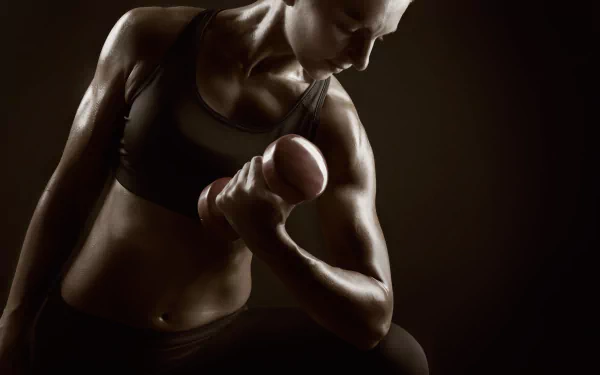 5K Ultra HD PC desktop wallpaper background: low-key sports fitness scene of a muscular athlete curling a dumbbell, dramatic lighting highlighting defined arms and shoulders.