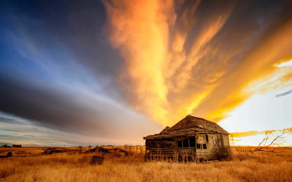 4K Ultra HD PC desktop wallpaper background: a weathered man-made cabin in tall dry grass beneath a dramatic golden-orange sunset sky.