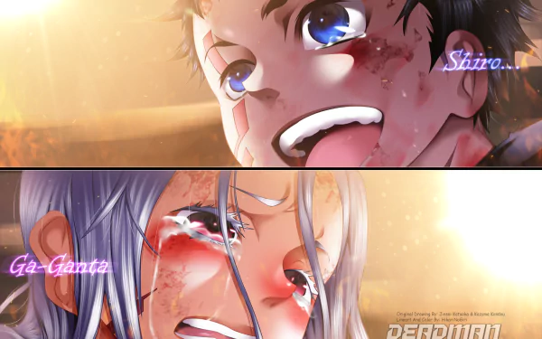 An HD desktop wallpaper featuring Ganta Igarashi and Shiro from the anime Deadman Wonderland, showcasing dynamic expressions and intense emotions in a striking background.
