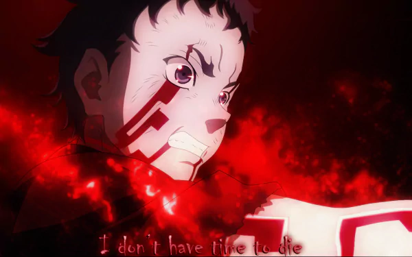 Ganta Igarashi from the anime Deadman Wonderland, surrounded by a striking red aura, expresses determination with the phrase I don't have time to die, creating a dramatic desktop background.