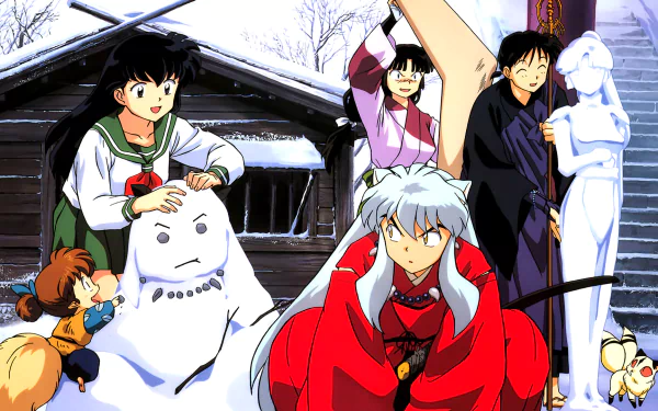HD desktop wallpaper featuring characters from the anime InuYasha. The group is enjoying a winter day, building a snowman in front of a cozy cabin.