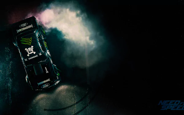HD PC desktop wallpaper featuring a drifting car from the video game Need For Speed (2015) with smoke and dark contrasting background.