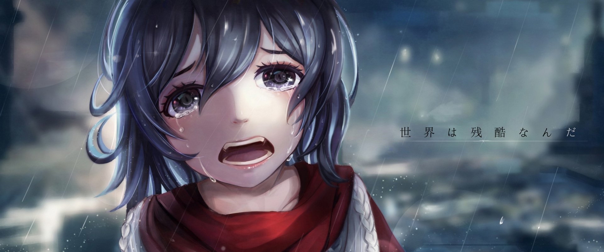 HD PC desktop wallpaper of Mikasa Ackerman from Attack on Titan — tearful anime close-up wearing a red scarf against a snowy, moody background.