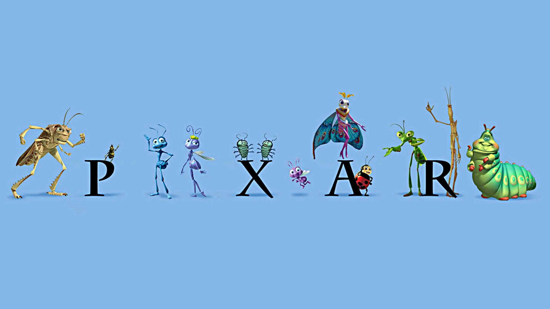 HD PC desktop wallpaper featuring characters from the movie A Bug's Life arranged to form the word PIXAR on a light blue background.