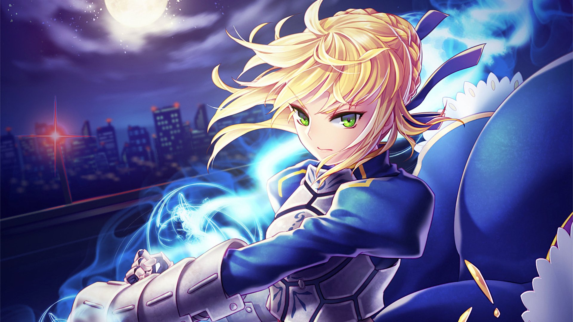 A vibrant HD wallpaper featuring Saber from the Fate Series, showcasing her fierce expression and striking blue armor against a nighttime city backdrop.