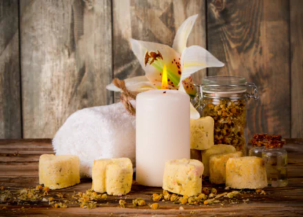 A tranquil still life featuring a candle, soap bars, a towel, and a flower, set against a warm wooden background, creating a soothing spa atmosphere. 