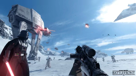 HD PC desktop wallpaper from Star Wars Battlefront (2015) featuring Darth Vader, AT-AT Walkers, and a snowy battlefield scene with blaster fire.