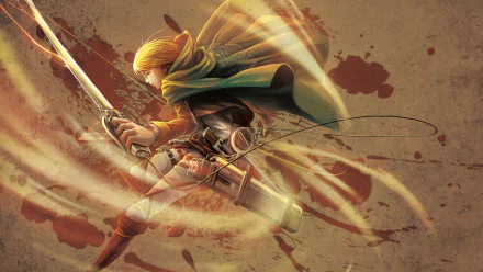 Armin Arlert from the anime Attack on Titan in a dynamic pose, wielding his gear with flowing hair and a dramatic background, captured in vibrant HD for a desktop wallpaper.