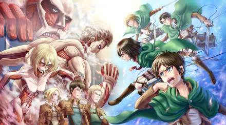 HD desktop wallpaper featuring Attack on Titan characters: Armored Titan, Colossal Titan, Reiner Braun, Bertolt Hoover, Annie Leonhart, Armin Arlert, Levi Ackerman, Mikasa Ackerman, and Eren Yeager in a dynamic scene.
