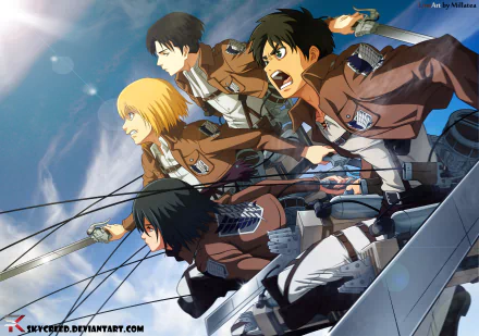 HD desktop wallpaper featuring Levi Ackerman, Armin Arlert, Mikasa Ackerman, and Eren Yeager from Attack on Titan, in dynamic poses with their 3D maneuver gear.
