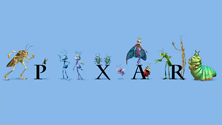 HD PC desktop wallpaper featuring characters from the movie A Bug's Life arranged to form the word PIXAR on a light blue background.