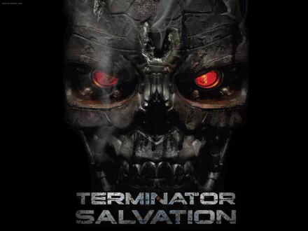 Close-up of a menacing robotic skull with glowing red eyes, featured in Terminator Salvation. This HD wallpaper captures the film's intense sci-fi atmosphere.