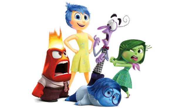 Colorful 4K Ultra HD wallpaper featuring the emotions from Inside Out: Joy, Sadness, Anger, Disgust, and Fear, capturing their distinct personalities in a dynamic arrangement.