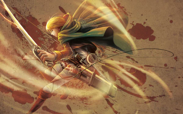 Armin Arlert from the anime Attack on Titan in a dynamic pose, wielding his gear with flowing hair and a dramatic background, captured in vibrant HD for a desktop wallpaper.