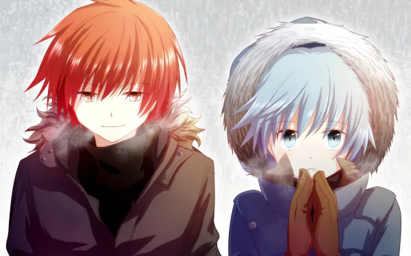 HD desktop wallpaper featuring Nagisa Shiota and Karma Akabane from Assassination Classroom, dressed in winter attire with visible breath against a snowy backdrop.