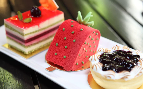 A vibrant 4K Ultra HD wallpaper featuring a trio of elegant desserts: a layered berry cake, a strawberry-shaped mousse, and a tart topped with blueberry compote.