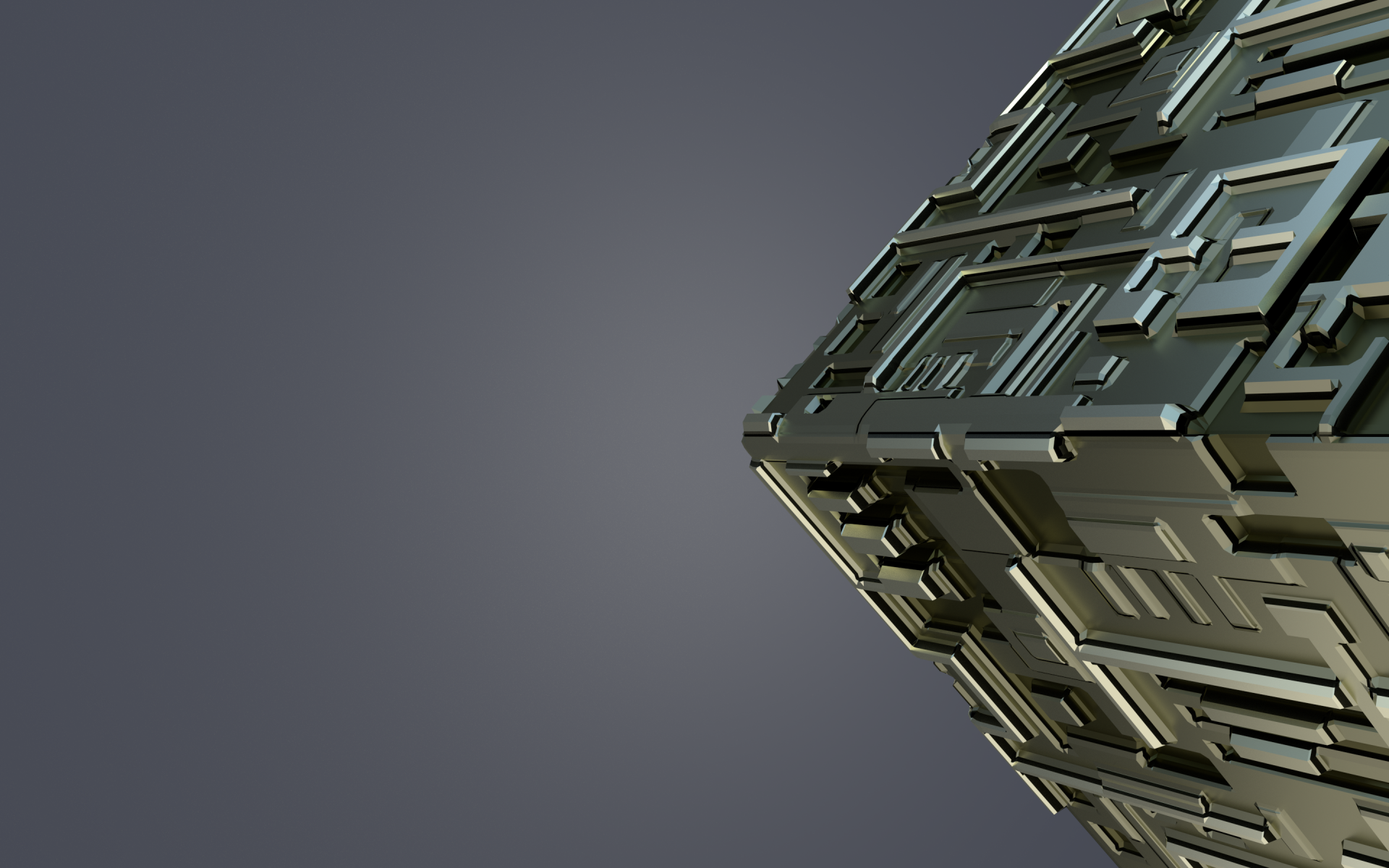 3D CGI abstract structure with intricate grey metal panels set against a muted background, designed as an HD PC desktop wallpaper and background.