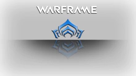 Warframe video game HD PC desktop wallpaper: silver-gray gradient background with a bold WARFRAME logo and a blue lotus-style emblem mirrored below.
