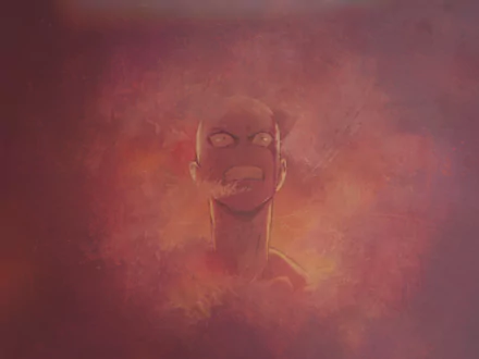 HD wallpaper featuring Saitama from One-Punch Man, showcasing a dramatic background with intense colors that highlight the character's determination.