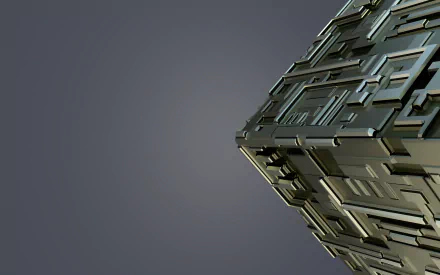 3D CGI abstract structure with intricate grey metal panels set against a muted background, designed as an HD PC desktop wallpaper and background.