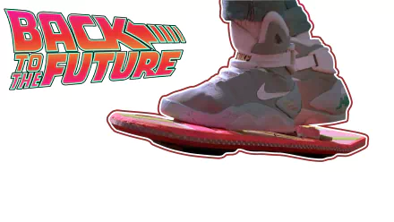 A vibrant HD wallpaper featuring iconic hoverboard shoes from Back to the Future, complemented by the film's title in bold, colorful lettering.