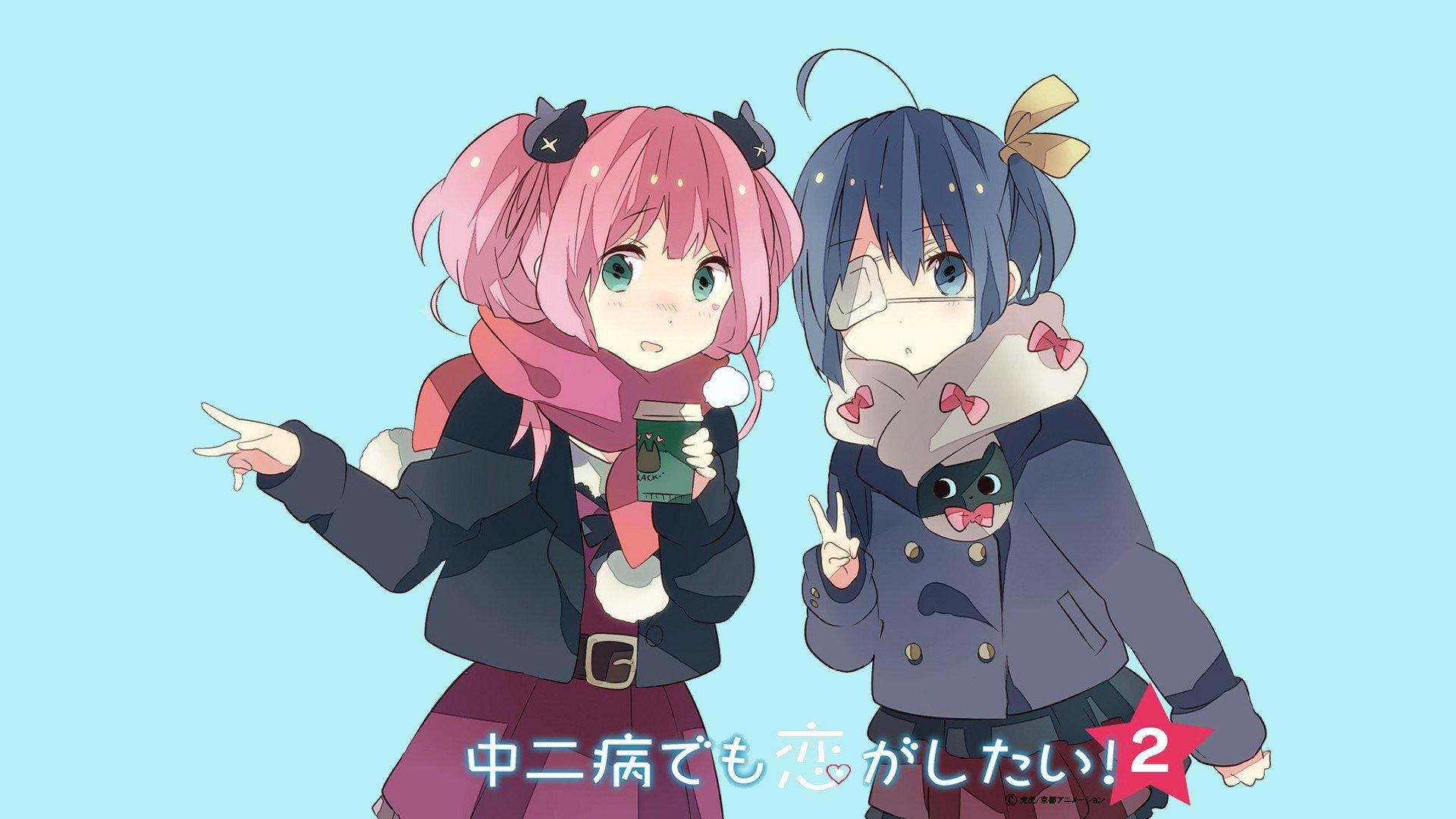 Anime HD PC wallpaper featuring characters from Love Chunibyo & Other Delusions with vibrant colors and a light blue background.