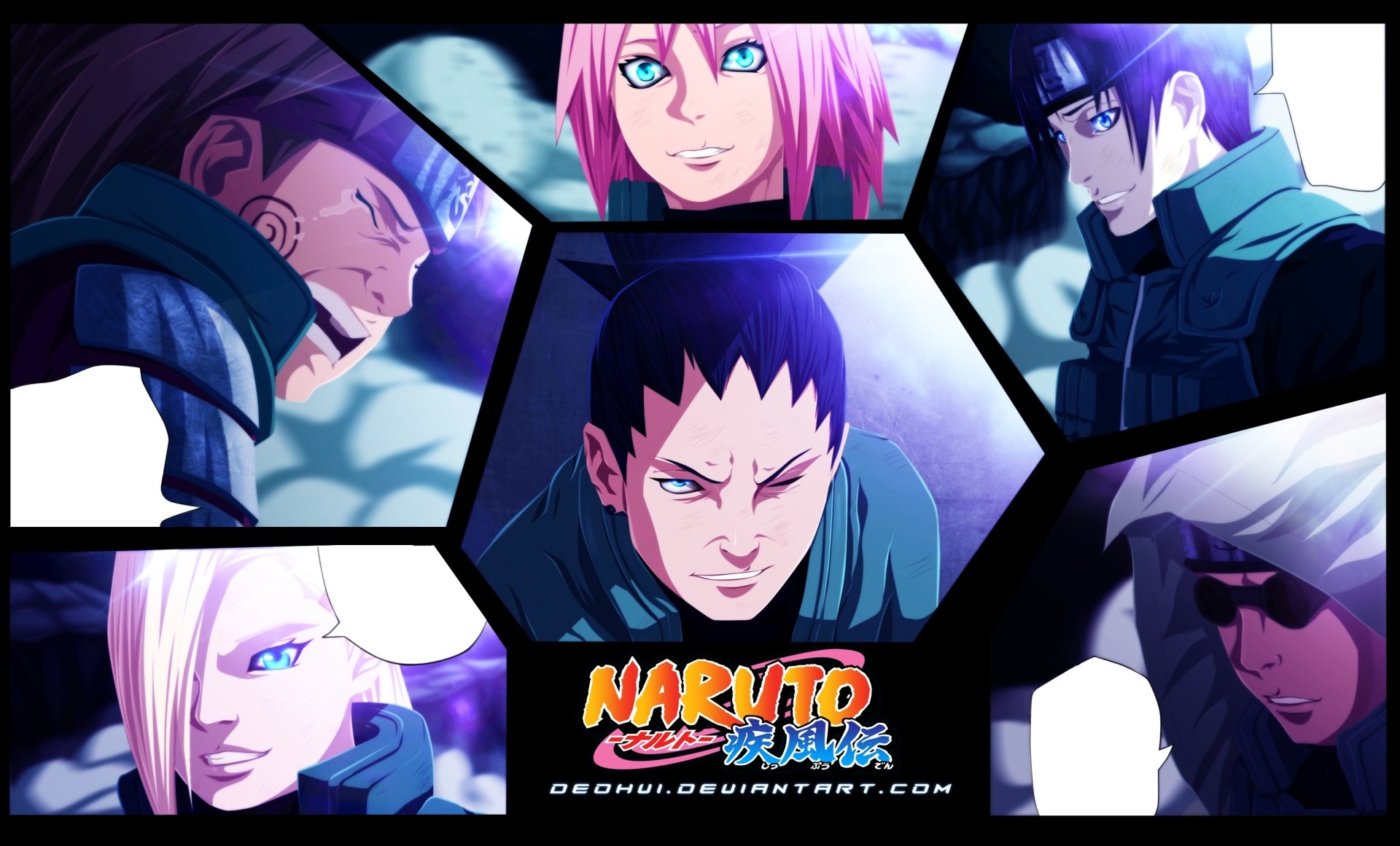 HD wallpaper featuring Shino Aburame, Shikamaru Nara, Sai, Sakura Haruno, Chōji Akimichi, and Ino Yamanaka from the anime Naruto, arranged in a dynamic collage.