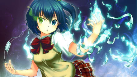 Rikka Takanashi from Love, Chunibyo & Other Delusions portrays a magical moment, surrounded by swirling blue energy, in this vibrant HD anime wallpaper.