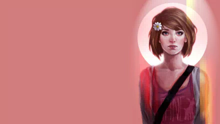 A vibrant HD desktop wallpaper featuring Max Caulfield from the video game Life Is Strange, showcasing her contemplative expression against a soft pink background.