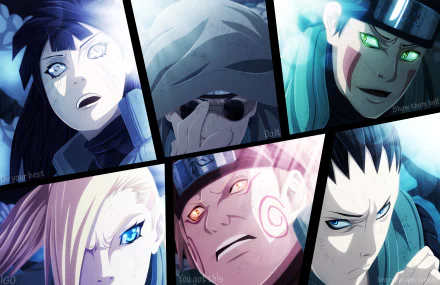 HD desktop wallpaper featuring Kiba Inuzuka, Shikamaru Nara, Chōji Akimichi, Ino Yamanaka, Shino Aburame, and Hinata Hyuga from the anime Naruto in dramatic close-up portraits.