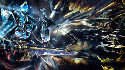 HD desktop wallpaper featuring Cocytus and Lizardman from the anime Overlord, set in an intense and dynamic battle scene.