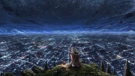 HD fantasy night cityscape wallpaper: A person with a braid sits atop a hillside, gazing at the illuminated city spreading out to the horizon under a starry sky.