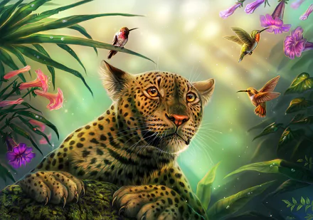 HD PC desktop wallpaper featuring a detailed leopard resting among lush foliage with colorful hummingbirds and vibrant flowers in a bright, serene jungle setting.
