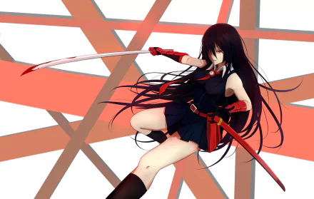 A dynamic 4K Ultra HD wallpaper featuring Akame from Akame Ga Kill!, showcasing her in action with dual swords against a background of bold red and geometric patterns.