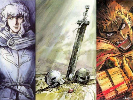 HD PC desktop wallpaper of Berserk anime: triptych with Griffith (left), ruined battlefield with sword, helmets and Beherit (center), and Guts enraged (right).