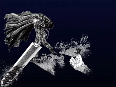 HD PC desktop wallpaper from Berserk: Guts with flowing cloak standing on a giant sword, Casca kneeling amid shadowy mist — anime black-and-white illustration.