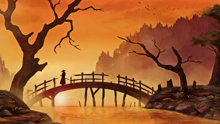 HD desktop wallpaper featuring a fantasy warrior, resembling a samurai, standing on a wooden bridge at sunset, surrounded by a serene, misty landscape with bare trees and a golden sky.