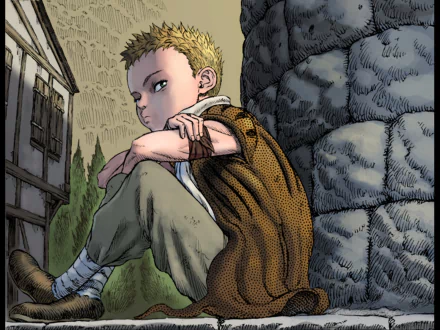 HD PC desktop wallpaper/background featuring Isidro (Berserk) — anime-style depiction of the young rogue sitting against a stone wall in a village.