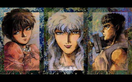 HD PC desktop wallpaper featuring anime characters Guts, Griffith, and Casca from Berserk, showcasing detailed, vibrant portraits in a dynamic composition.