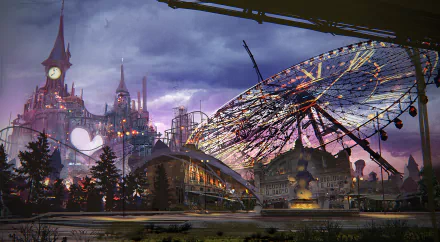 HD desktop wallpaper of a fantasy amusement park from the video game NieR: Automata, featuring a large Ferris wheel, colorful lights, gothic architecture, and an enchanting twilight sky.