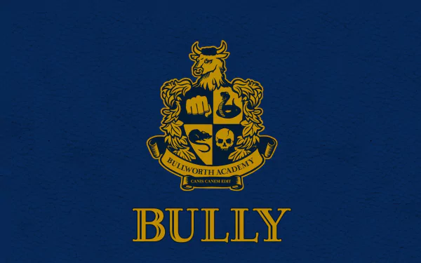 An HD PC desktop wallpaper featuring the emblem of Bullworth Academy from the video game Bully, showcasing a blue background with gold accents and the title Bully.